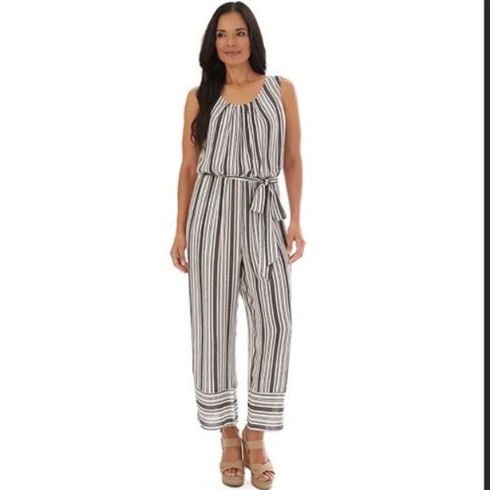 Crepon Sleeveless Jumpsuit - Black and White Stripes